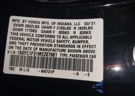 2021 Honda Civic Ex from USA, damaged, VIN 19XFC1F31ME207681